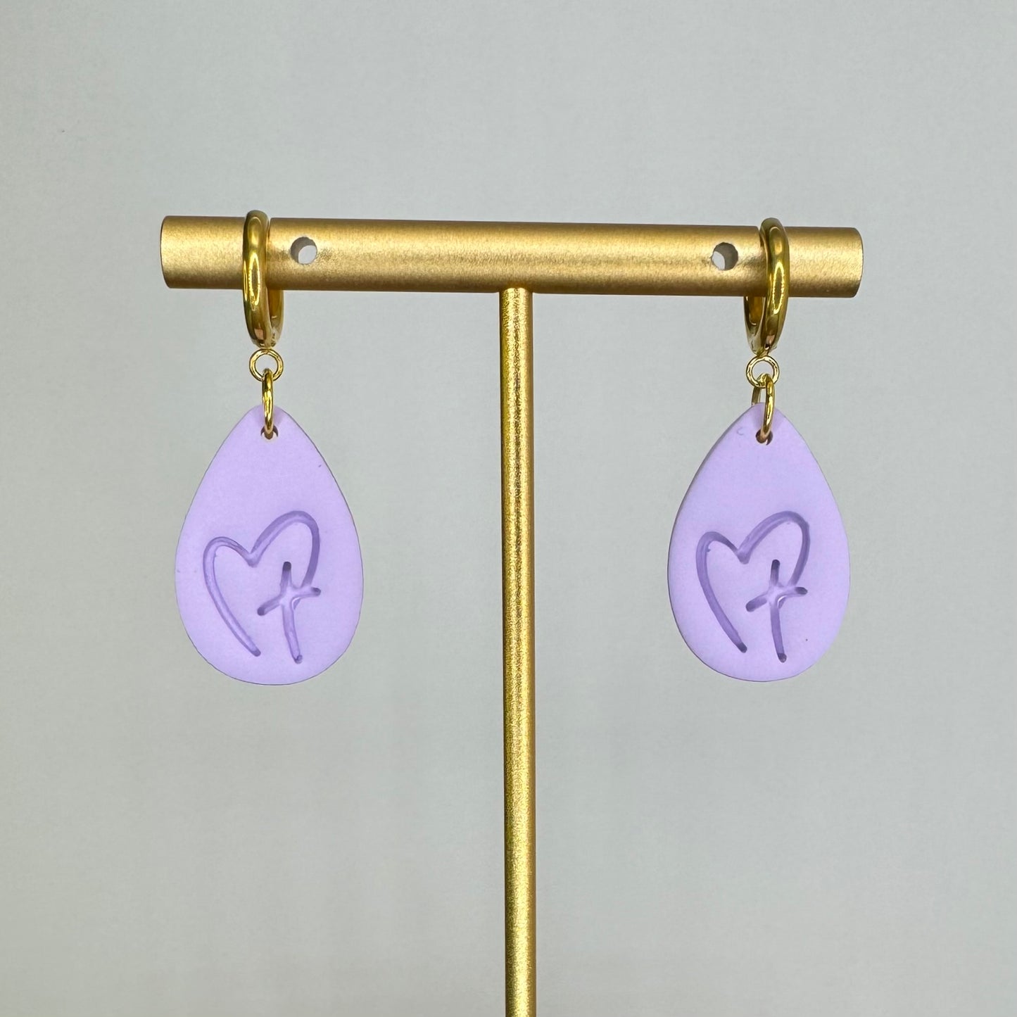 Purple Cross & Heart Hoop Huggie Earrings