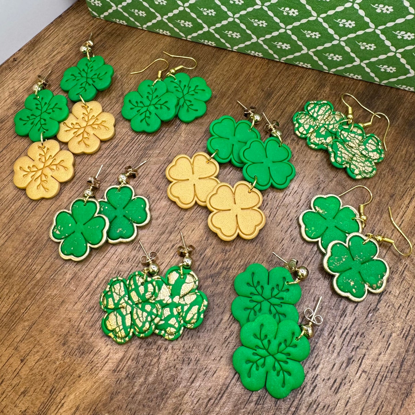 Gold and Green Shamrock Dangle Post Earrings