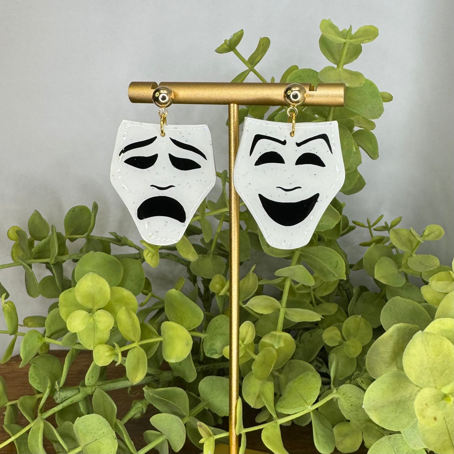 Black and White Theater Mask Dangle Post Earrings