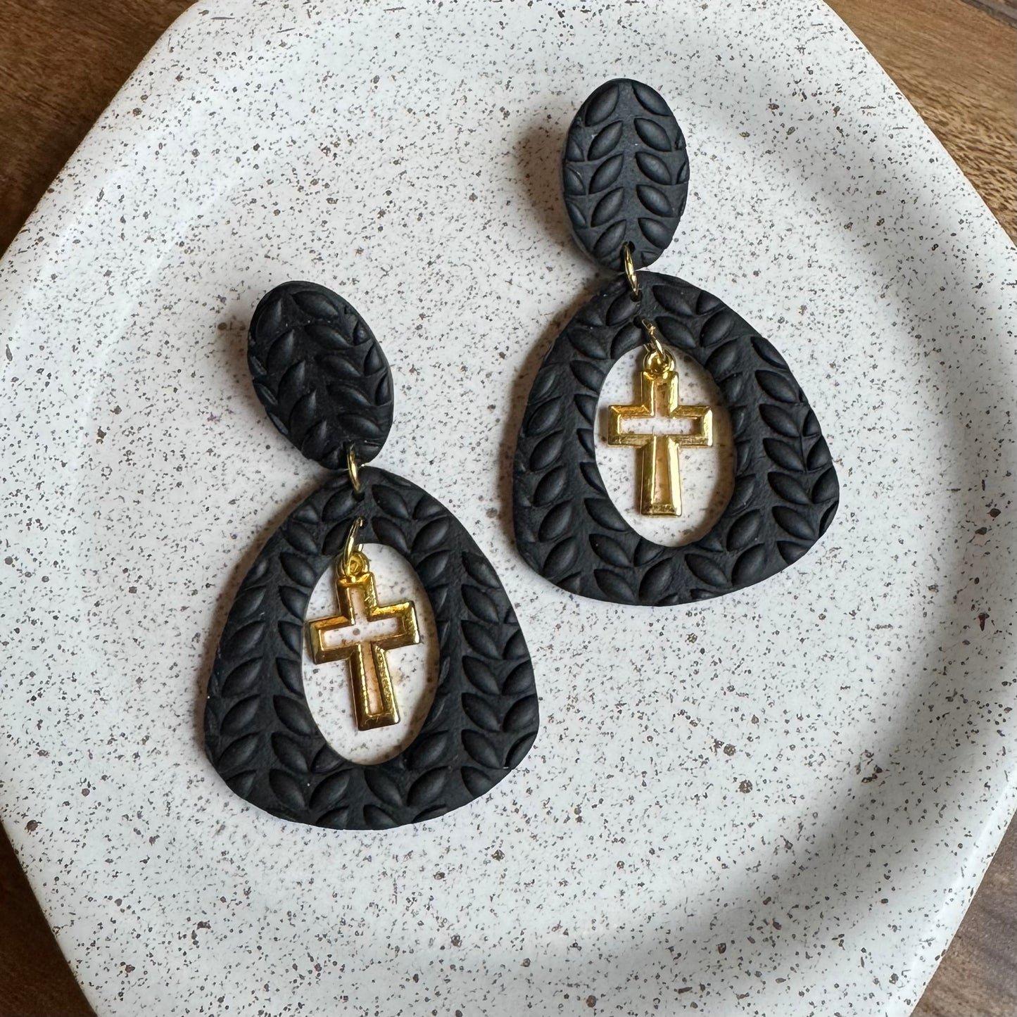 Cross Drop Post Earrings (Black)