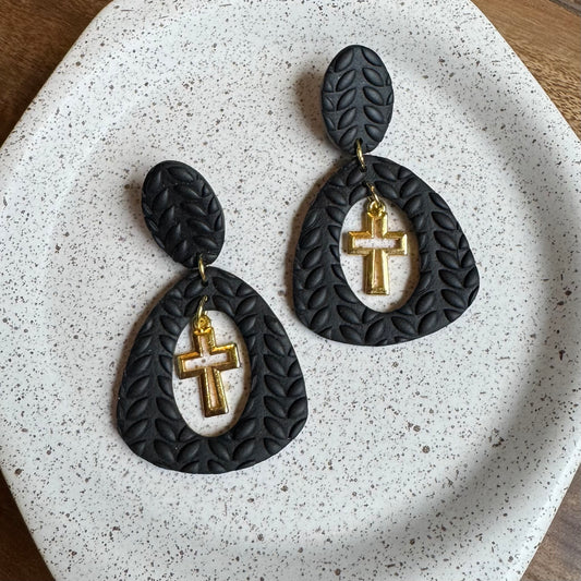 Cross Drop Post Earrings (Black)