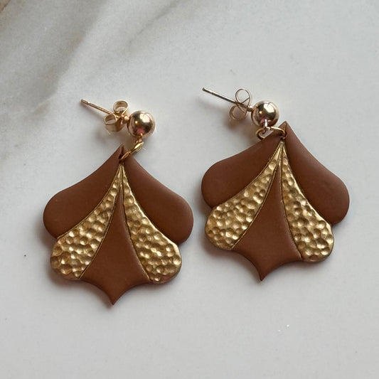 Art Deco Brown Faux Hammered Gold Post Earrings