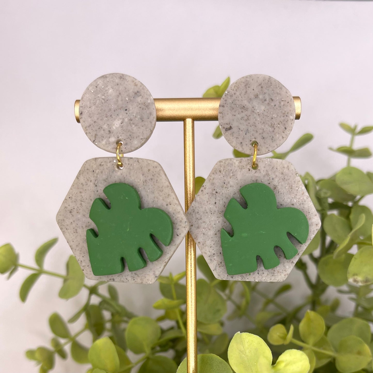 Monstera Hexagon Dangle Post Earrings