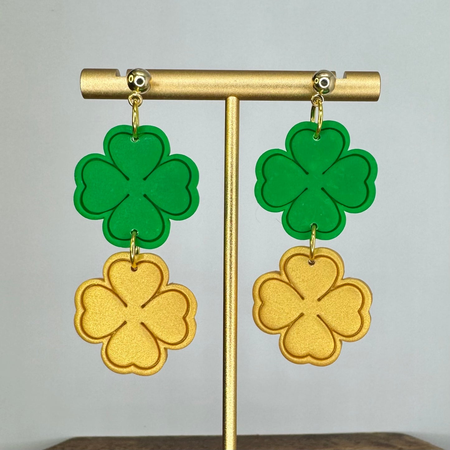 Gold and Green Shamrock Dangle Post Earrings