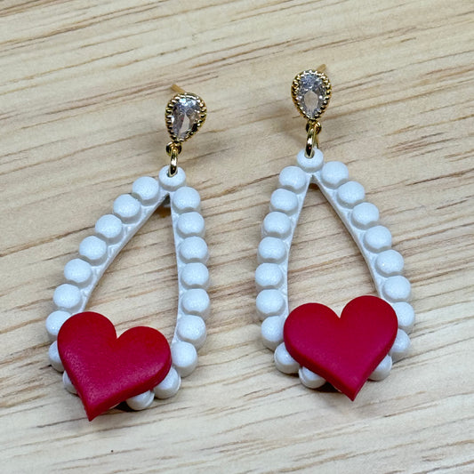 Pearl Drop Heart Earrings (red)