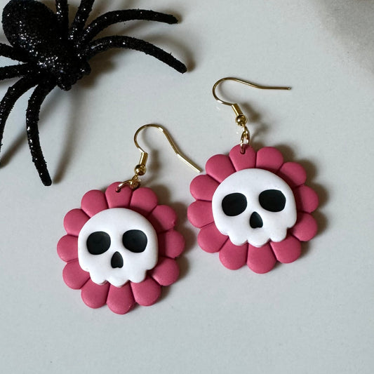 Skull Flower Fishhook Earrings Pink