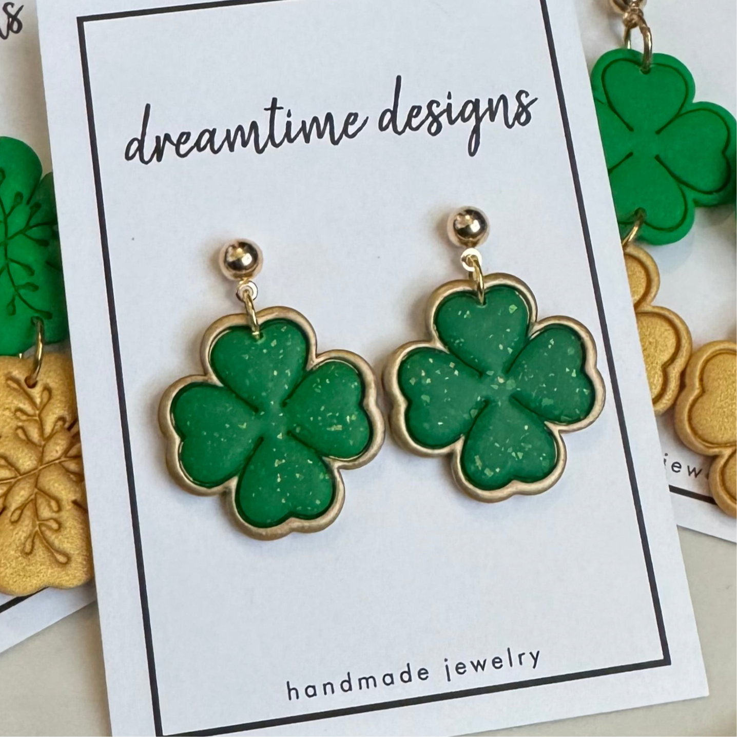 Gold and Green Shamrock Dangle Post Earrings
