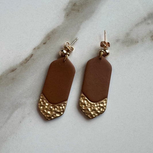 Minimalist Brown Faux Hammered Gold Post Earrings