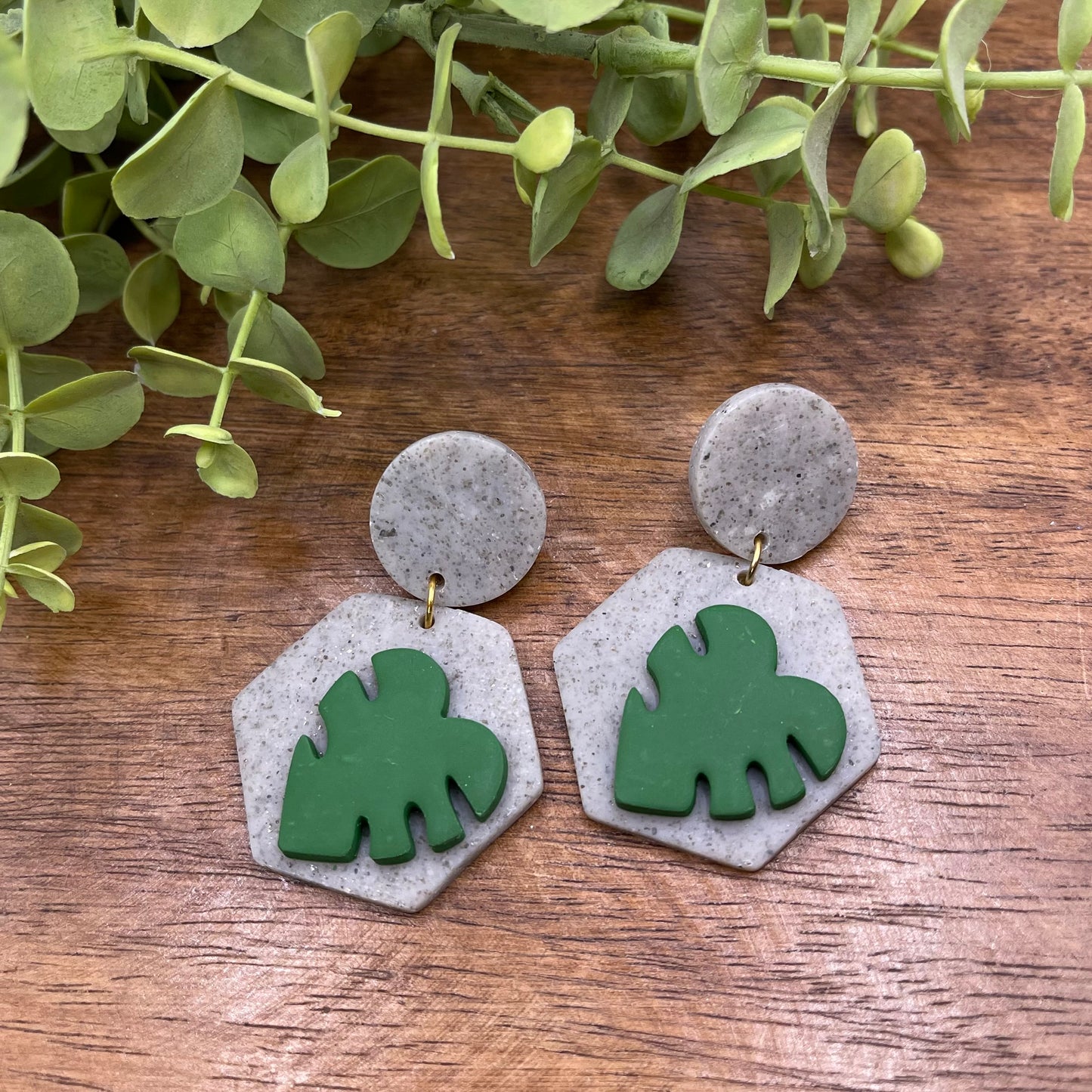 Monstera Hexagon Dangle Post Earrings