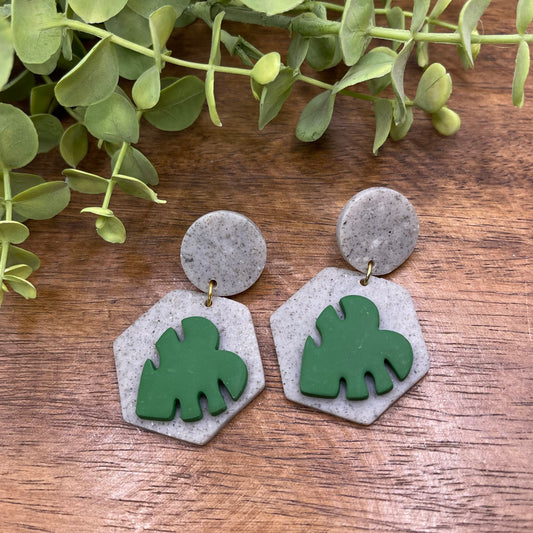 Monstera Hexagon Dangle Post Earrings