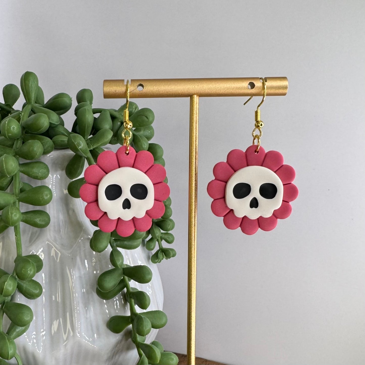 Skull Flower Fishhook Earrings Pink
