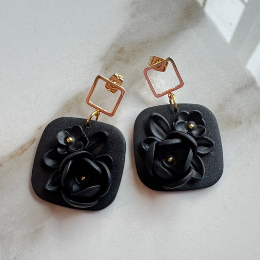 Black Monochromatic Floral Post Earrings