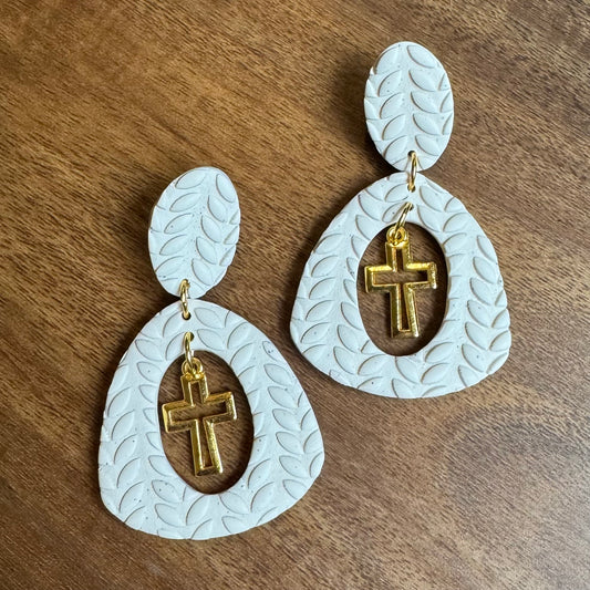 Cross Drop Post Earrings (Cream)