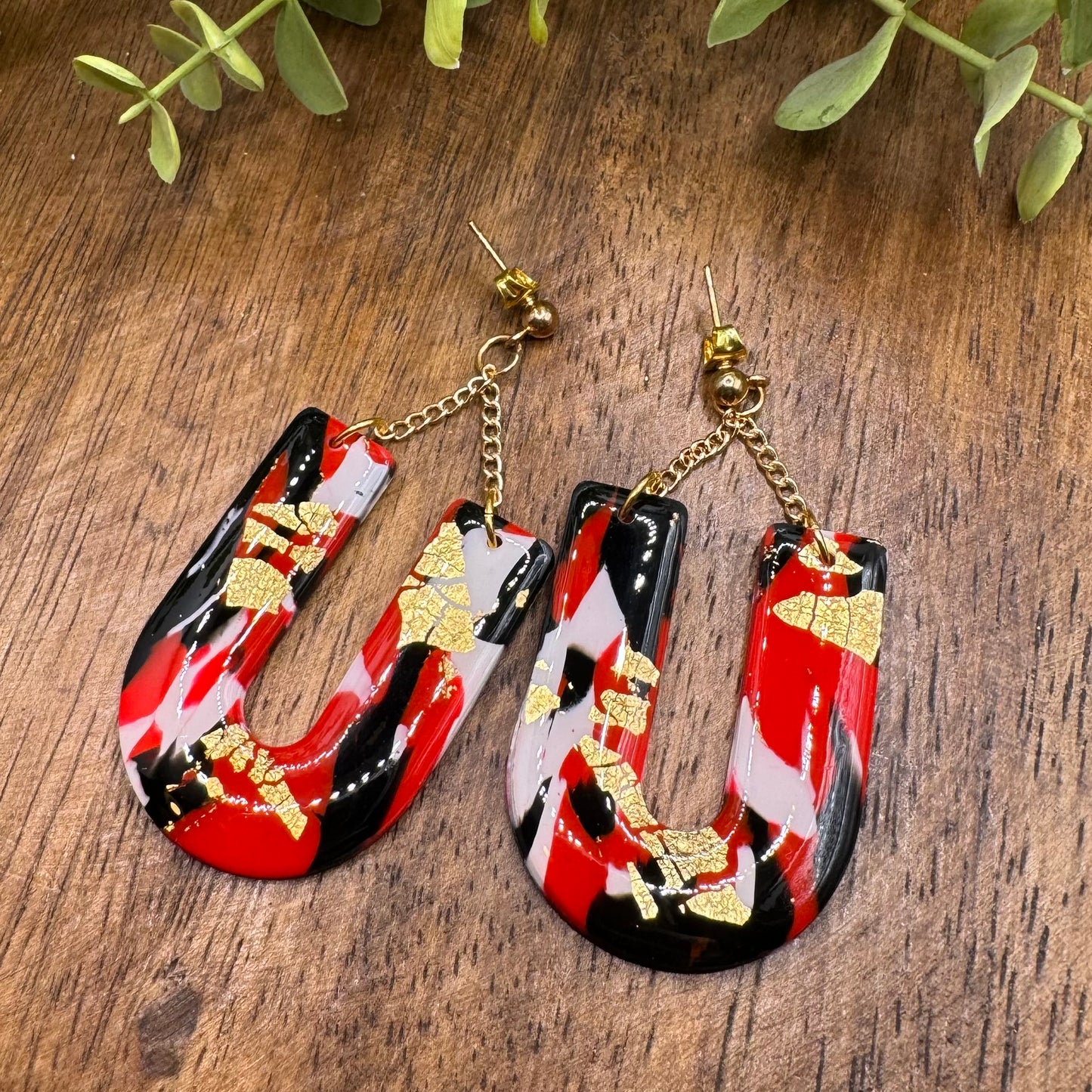 Red, Black & White “U” Dangle Post Earrings