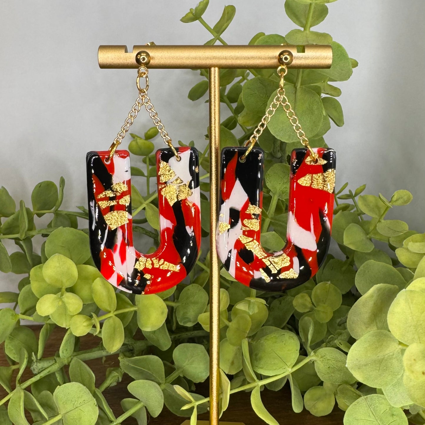 Red, Black & White “U” Dangle Post Earrings
