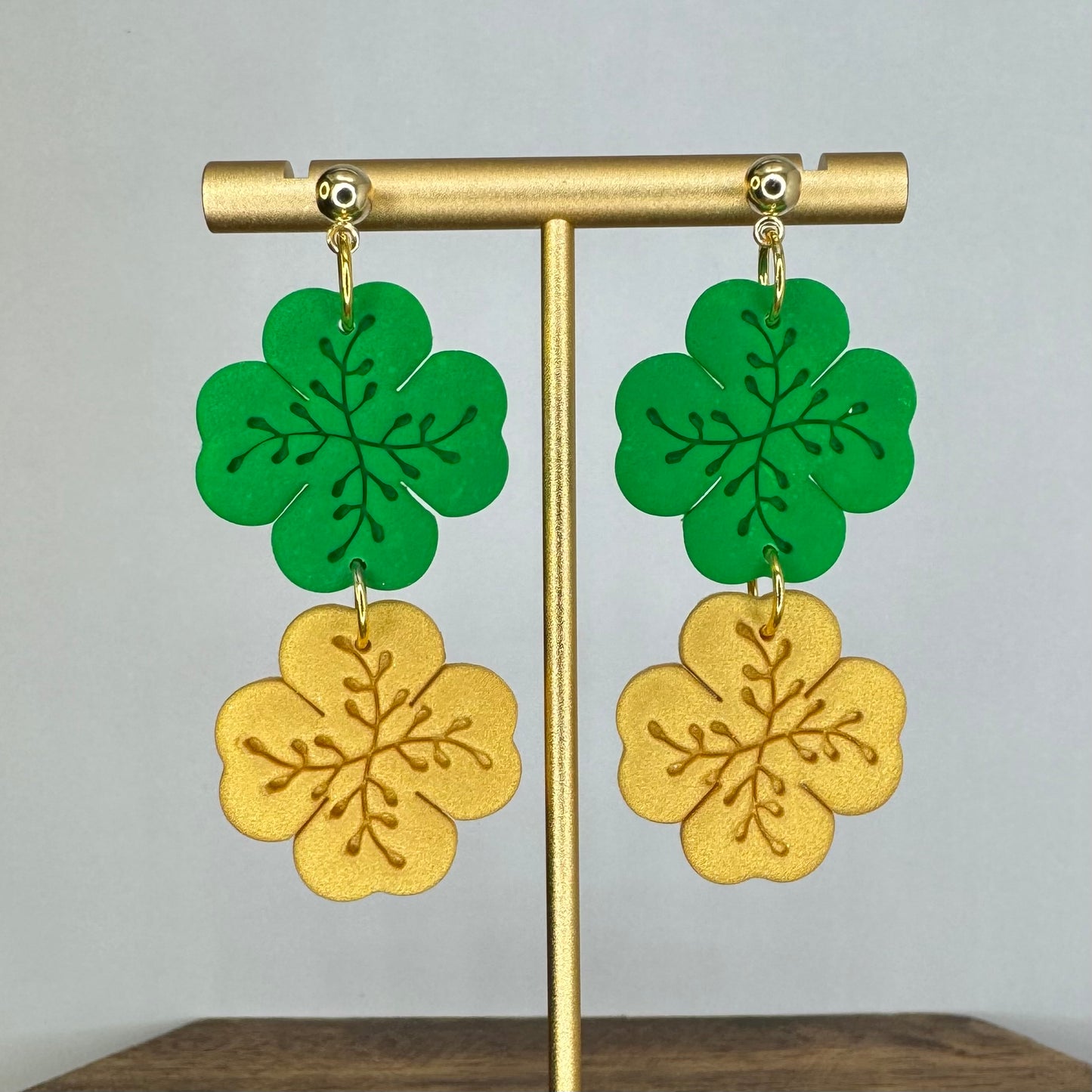 Gold and Green Shamrock Dangle Post Earrings