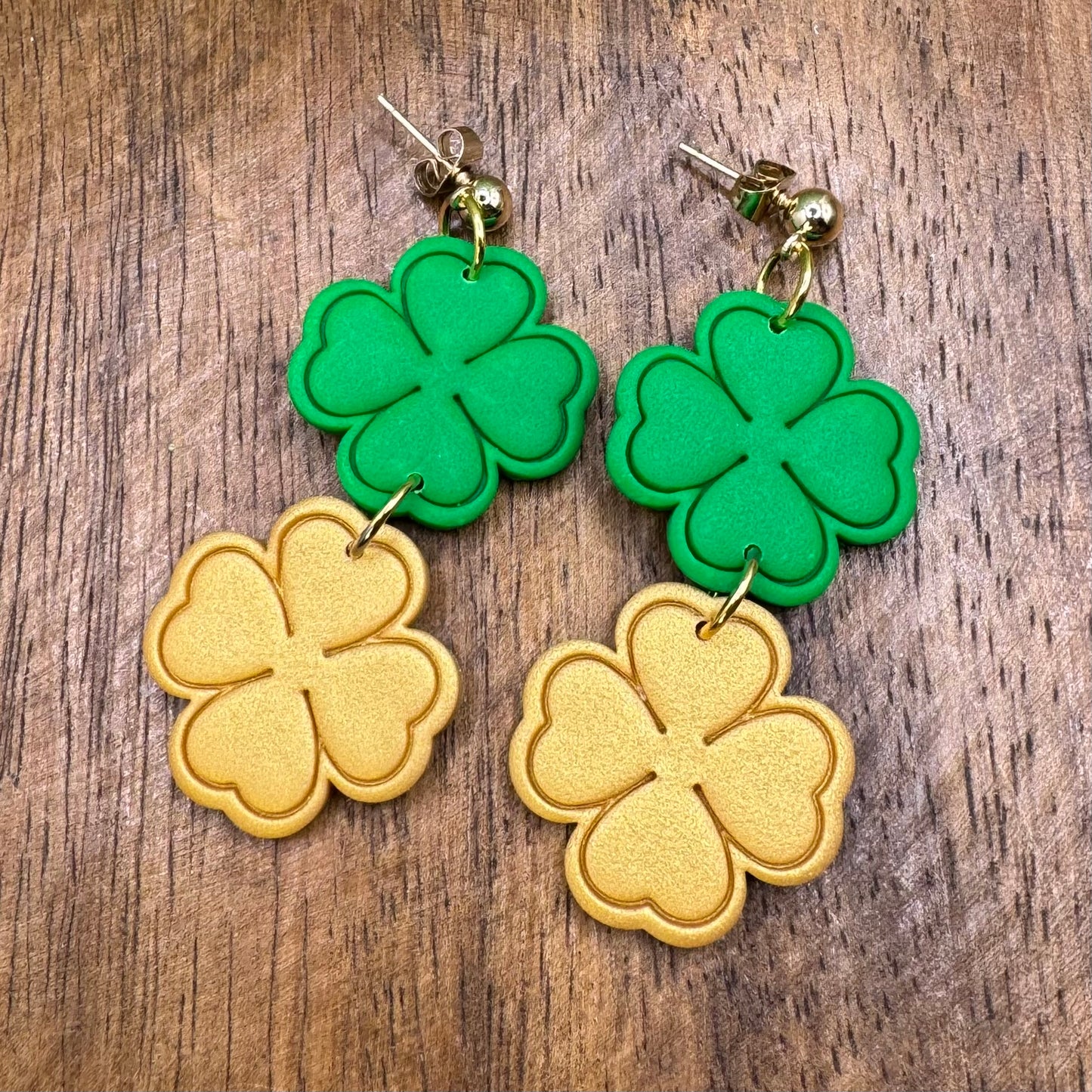 Gold and Green Shamrock Dangle Post Earrings