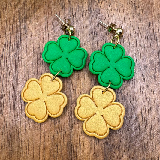 Gold and Green Shamrock Dangle Post Earrings