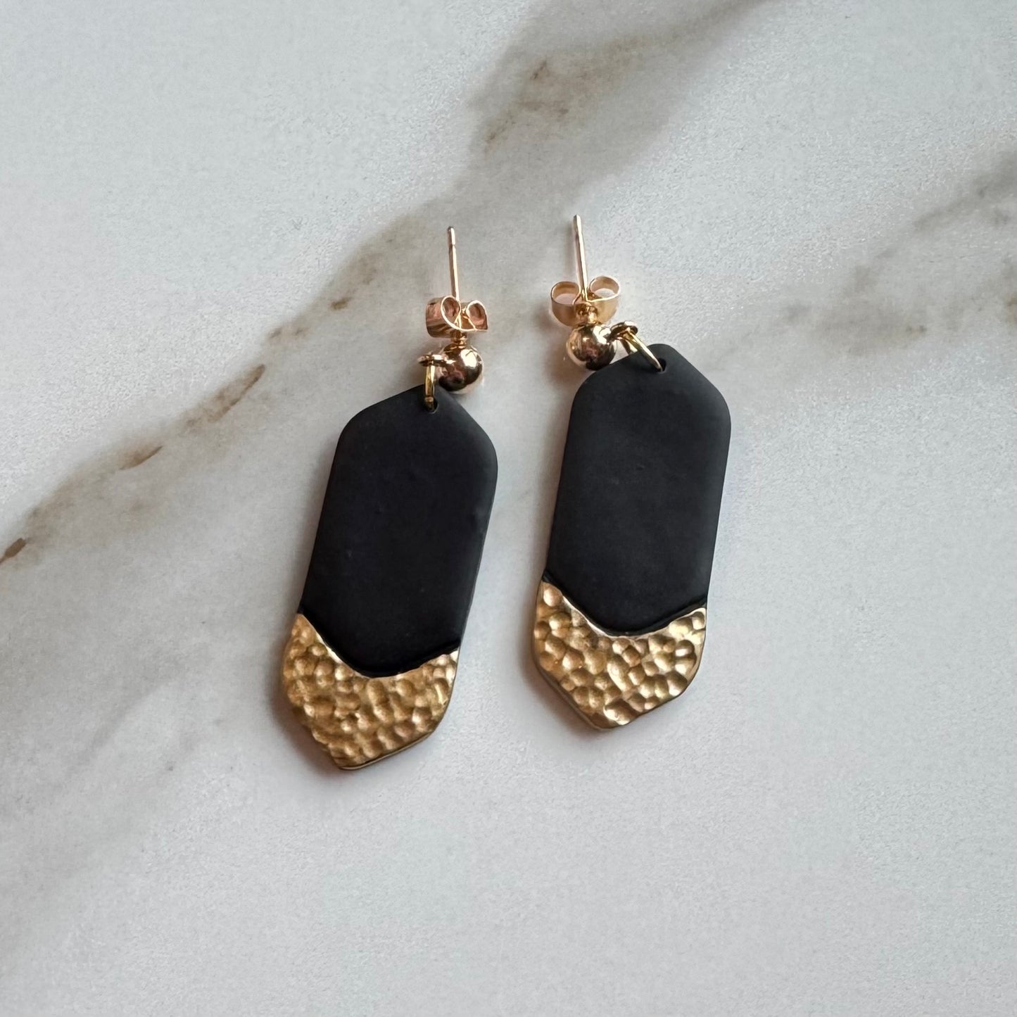 Minimalist Black Faux Hammered Gold Post Earrings