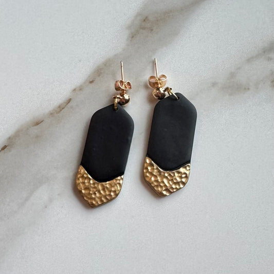Minimalist Black Faux Hammered Gold Post Earrings