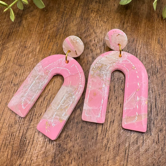Pink Faux Stone Arch Dangle Post Earrings