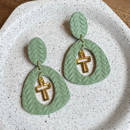 Cross Drop Post Earrings (Sage)