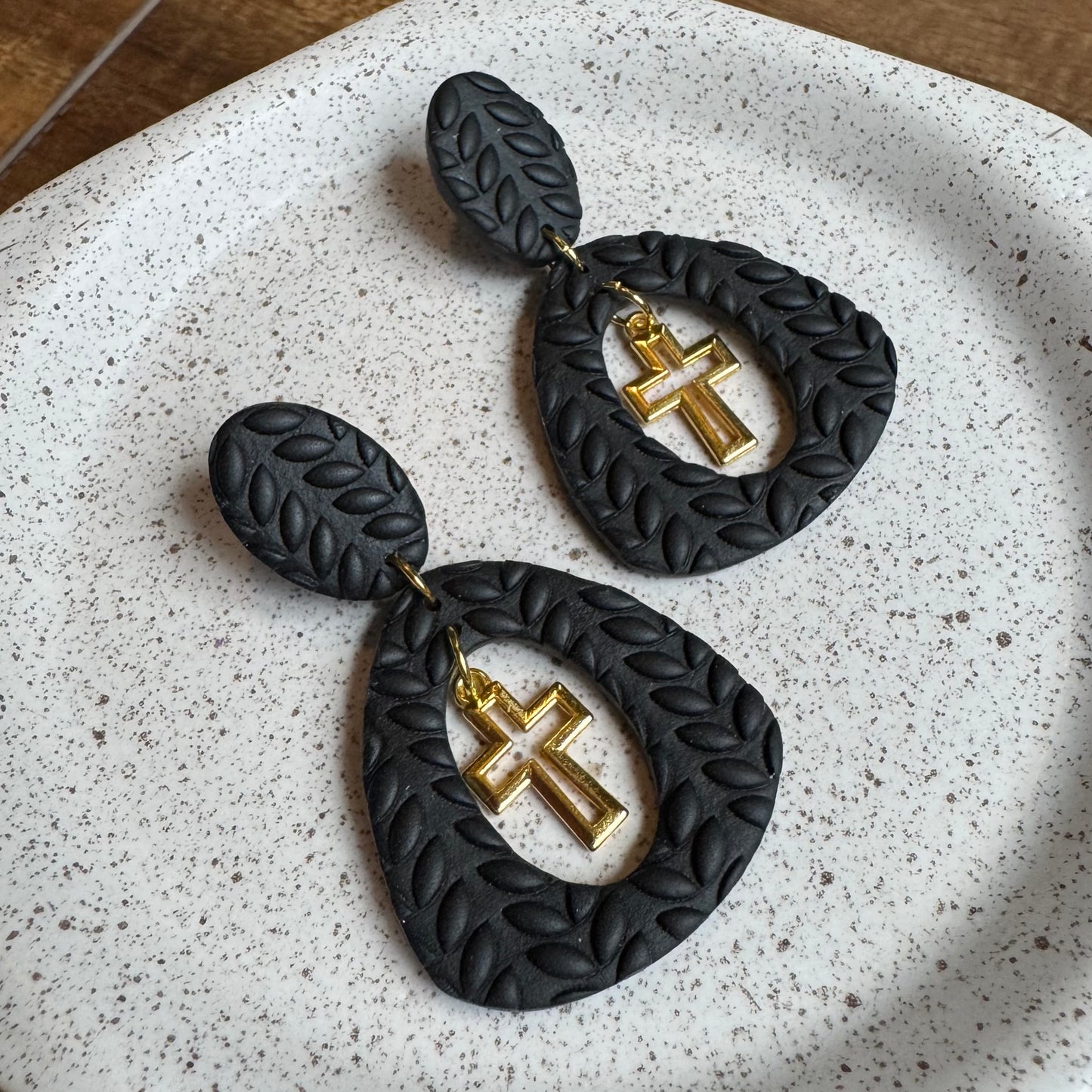 Cross Drop Post Earrings (Black)