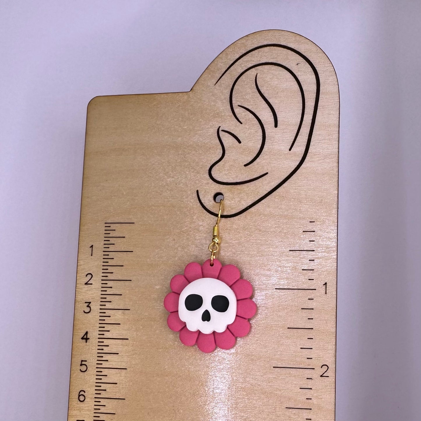 Skull Flower Fishhook Earrings Pink