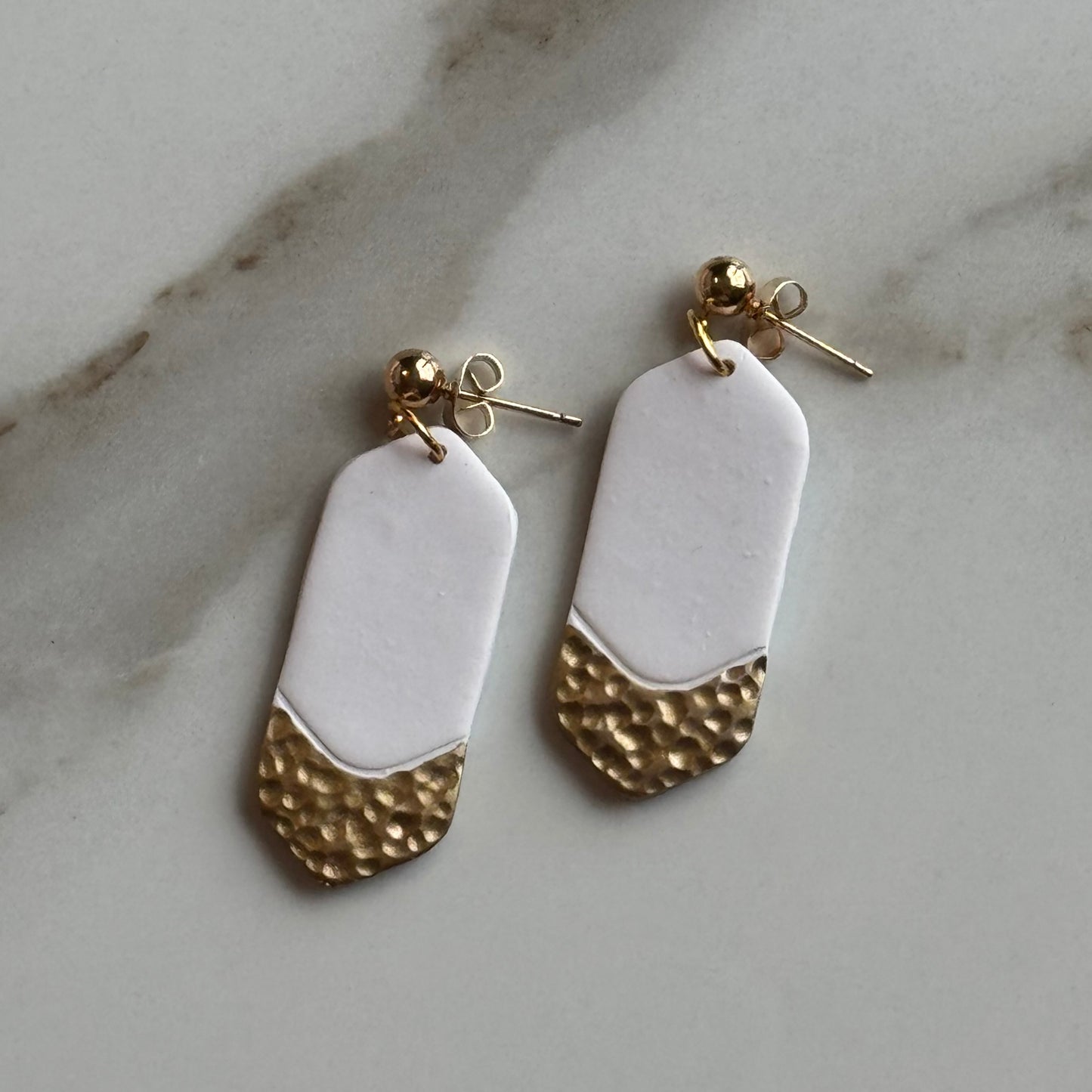 Minimalist White Faux Hammered Gold Post Earrings