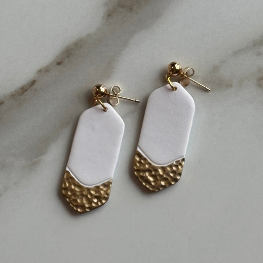 Minimalist White Faux Hammered Gold Post Earrings