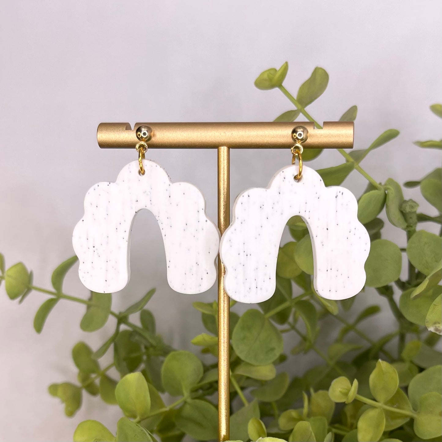 White Scalloped Arch Dangle Post Earrings