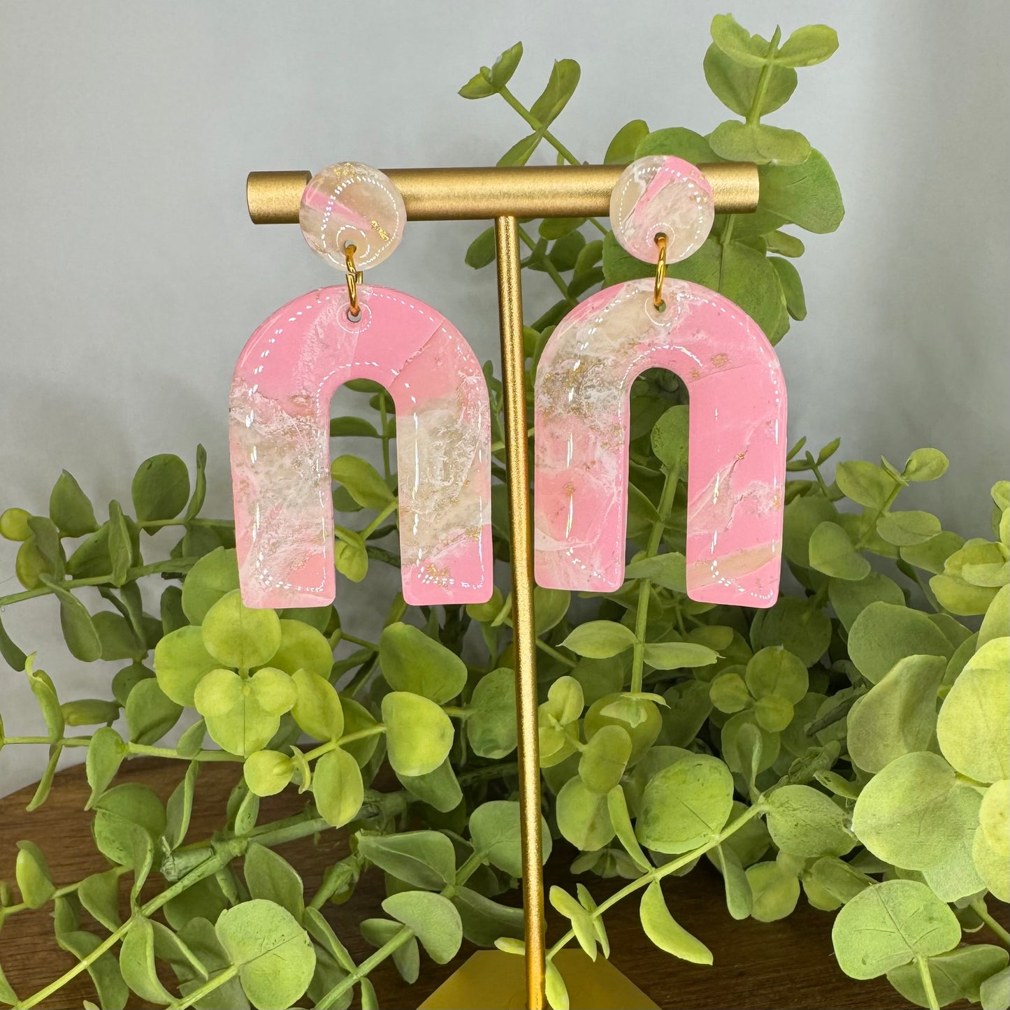 Pink Faux Stone Arch Dangle Post Earrings