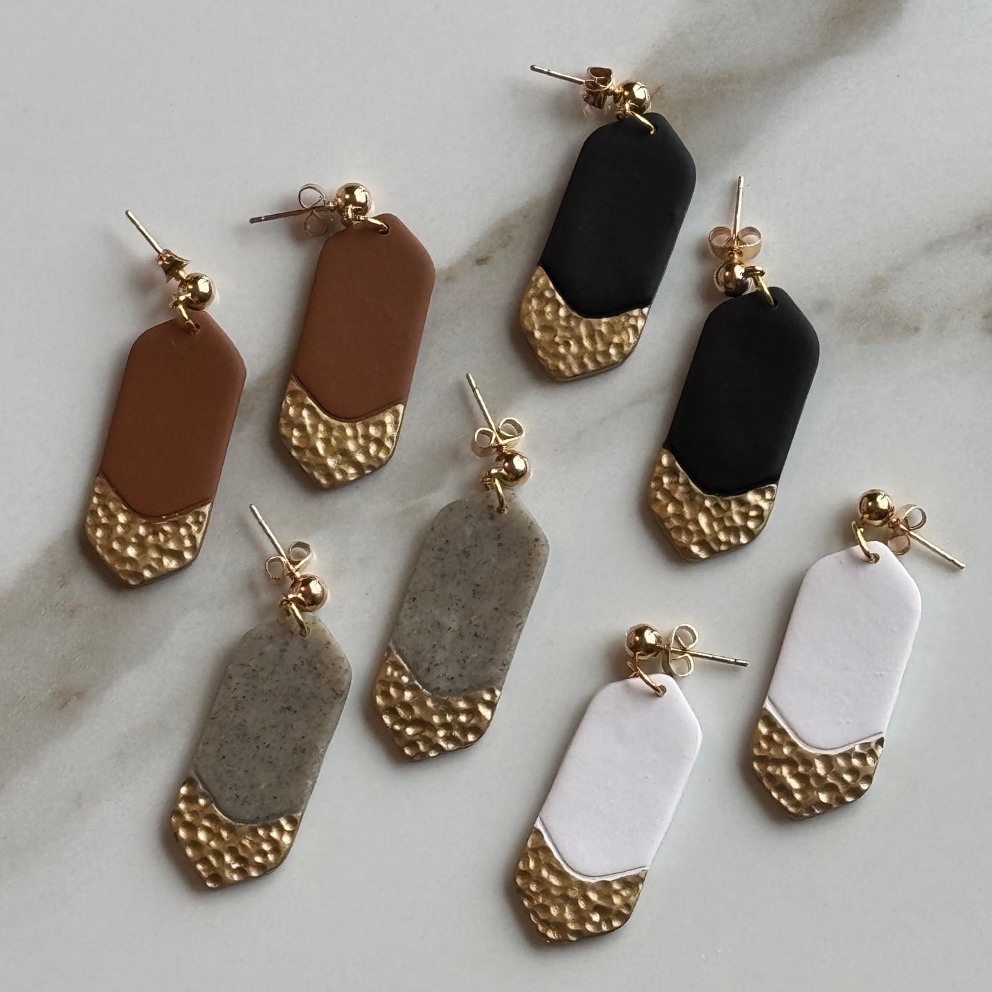Minimalist White Faux Hammered Gold Post Earrings