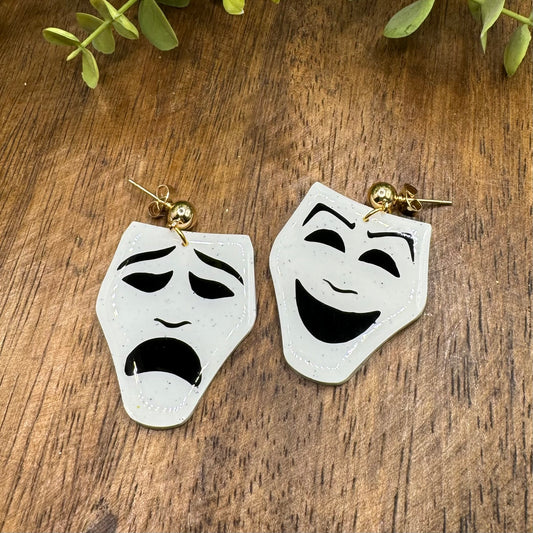 Black and White Theater Mask Dangle Post Earrings