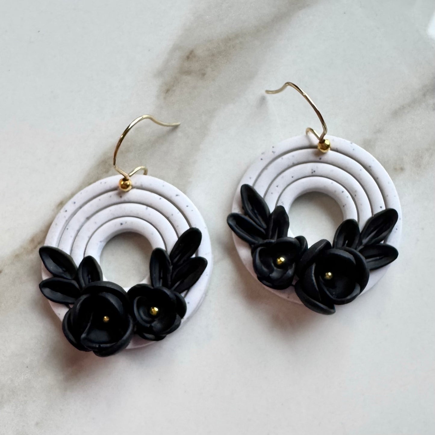 Black on White Floral Fishhook Earrings