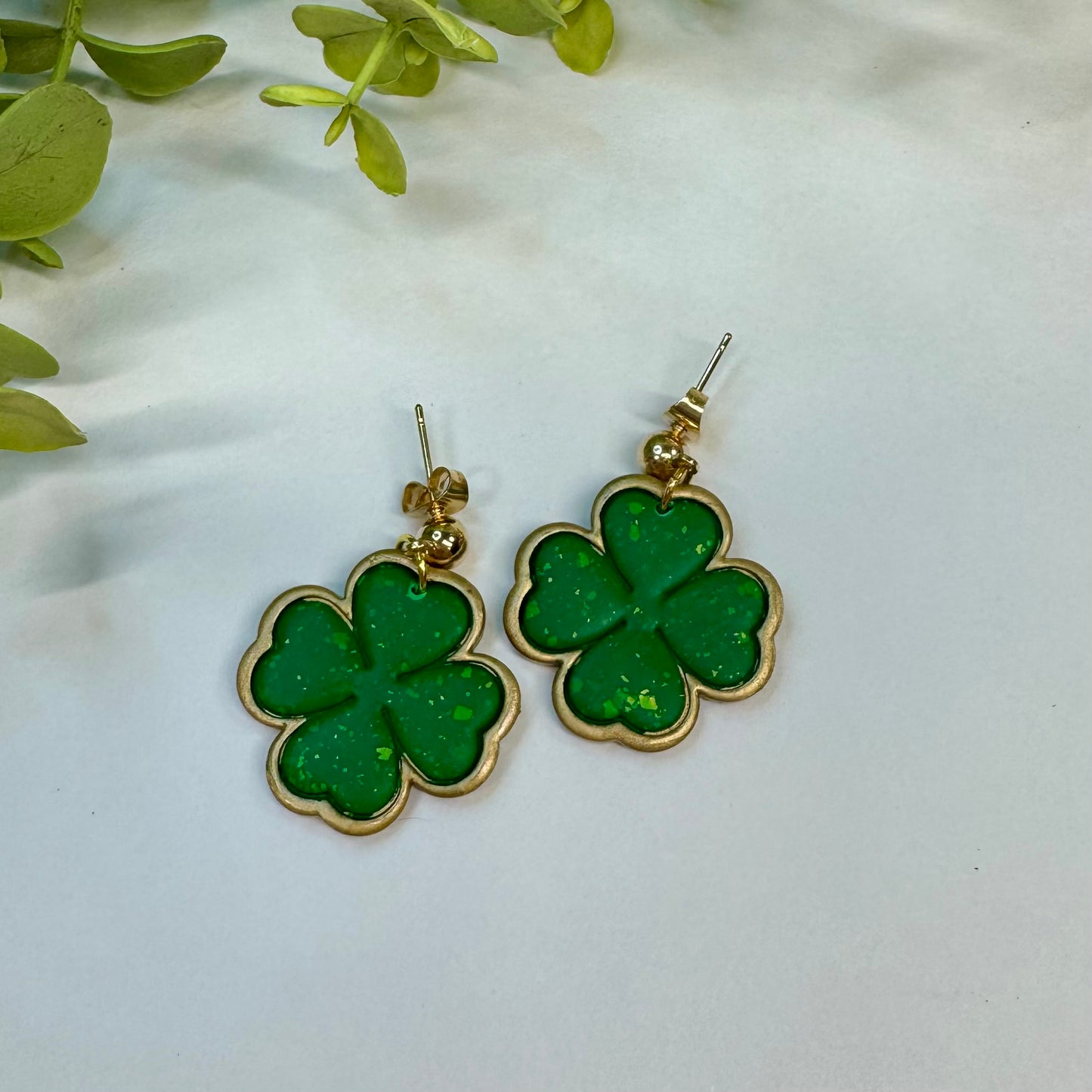Gold and Green Shamrock Dangle Post Earrings