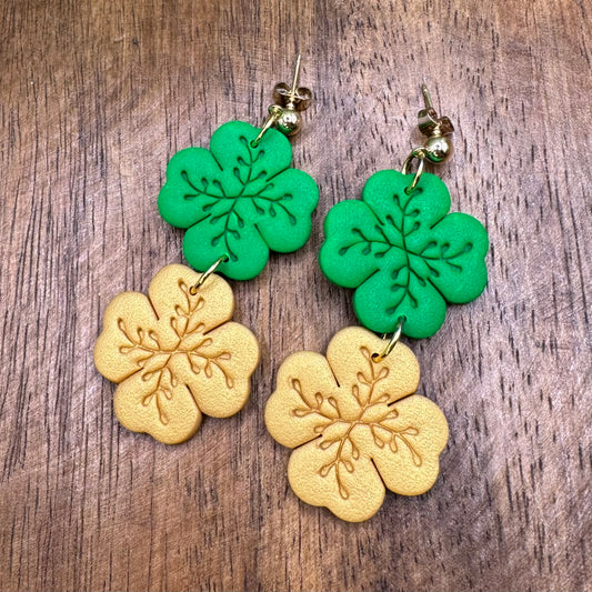 Gold and Green Shamrock Dangle Post Earrings