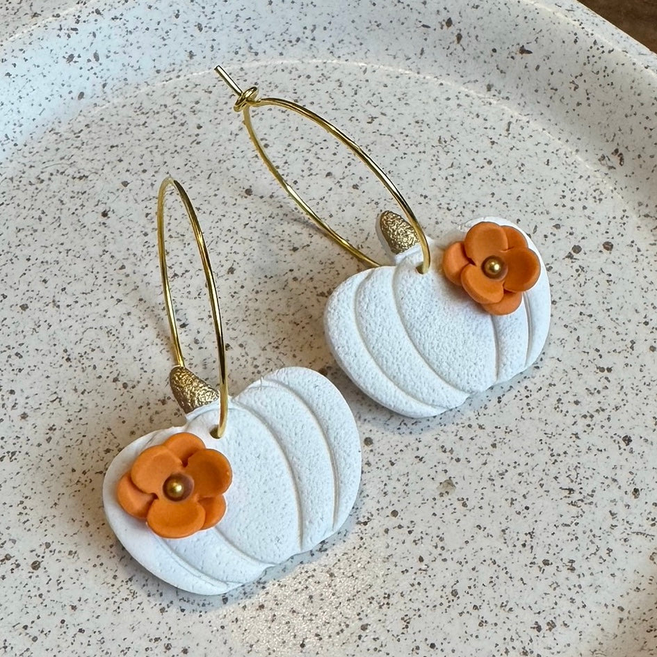 Pumpkin Flower Hoop Earrings (White)
