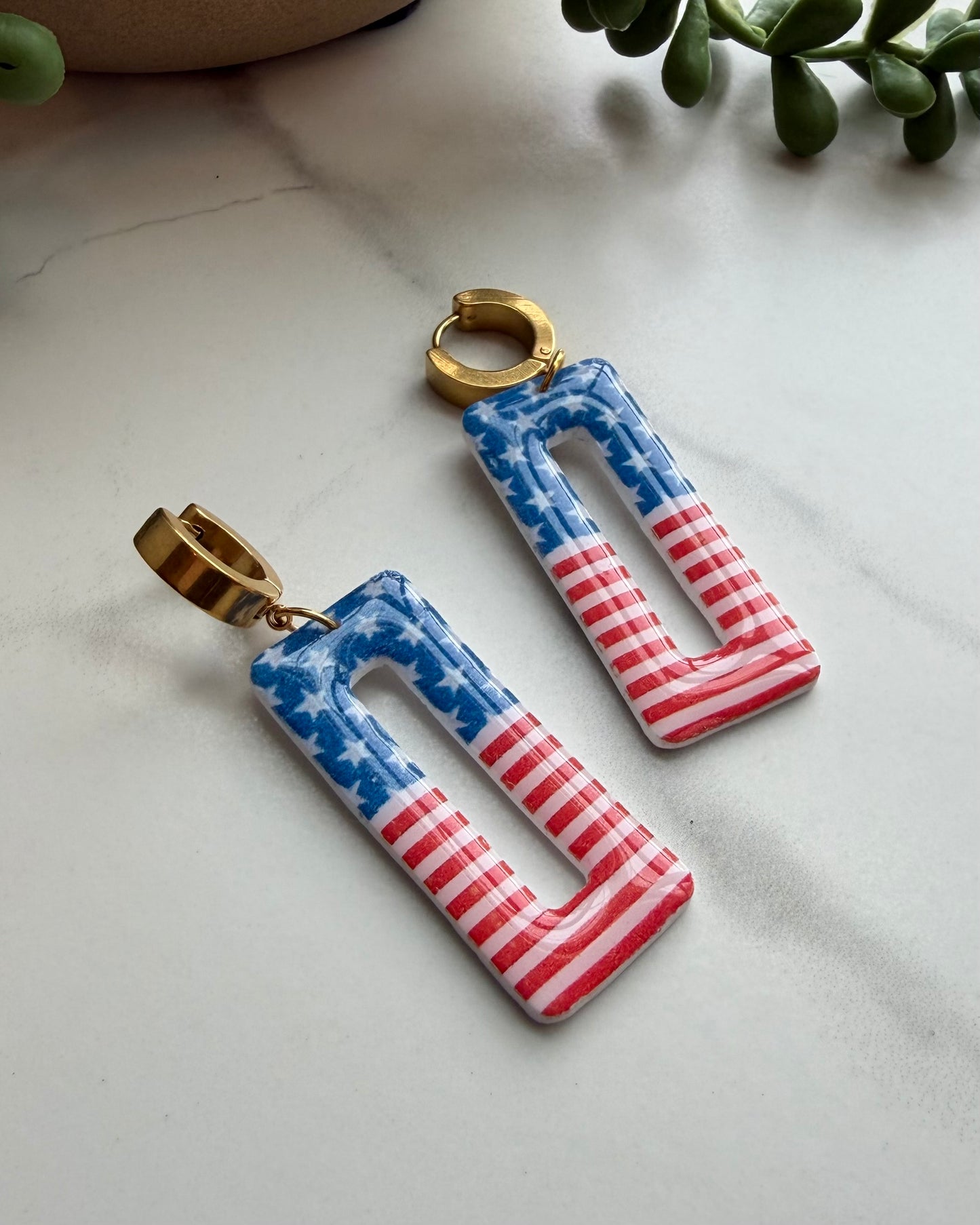 American Flag Dangle Huggie Earrings