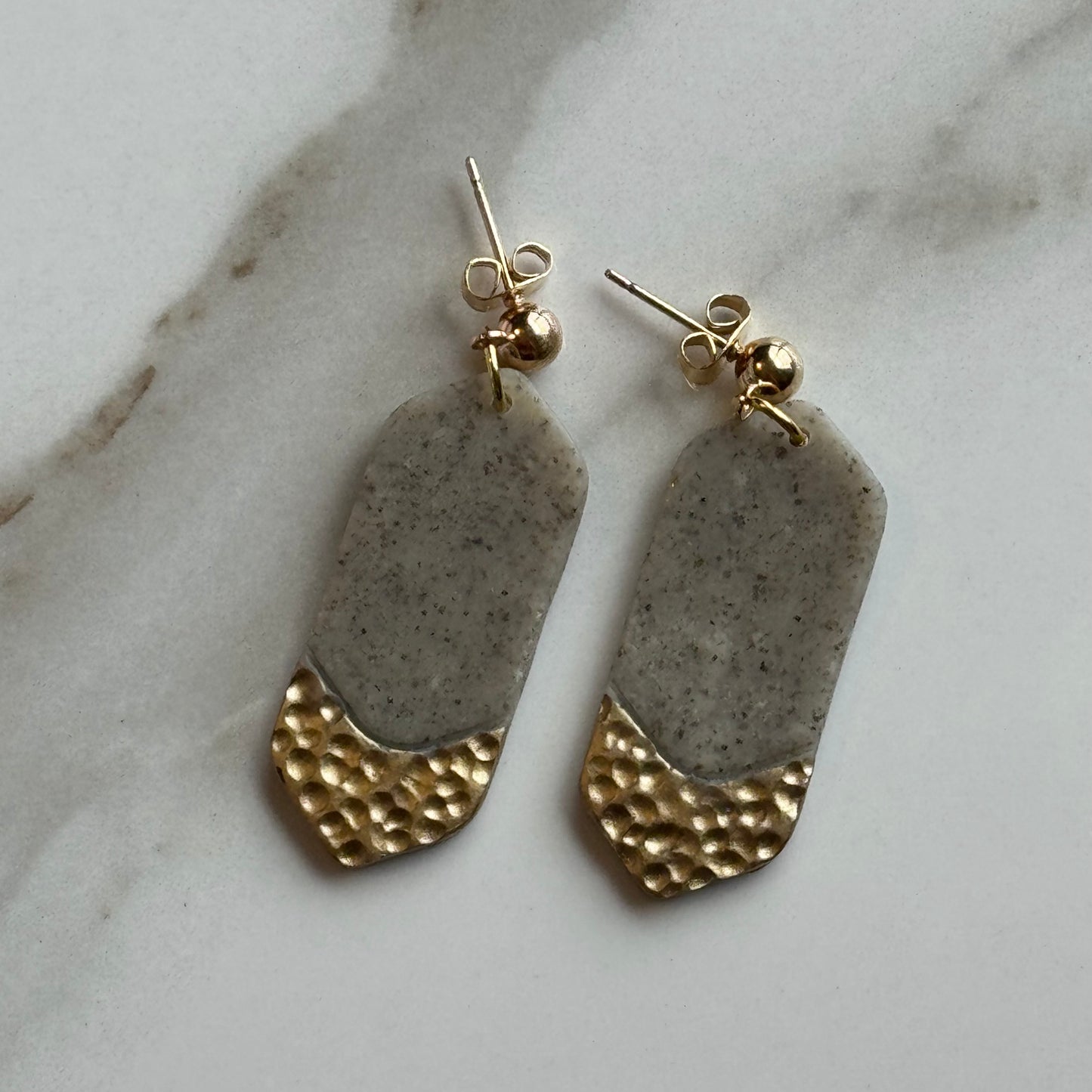 Minimalist Gray Faux Hammered Gold Post Earrings
