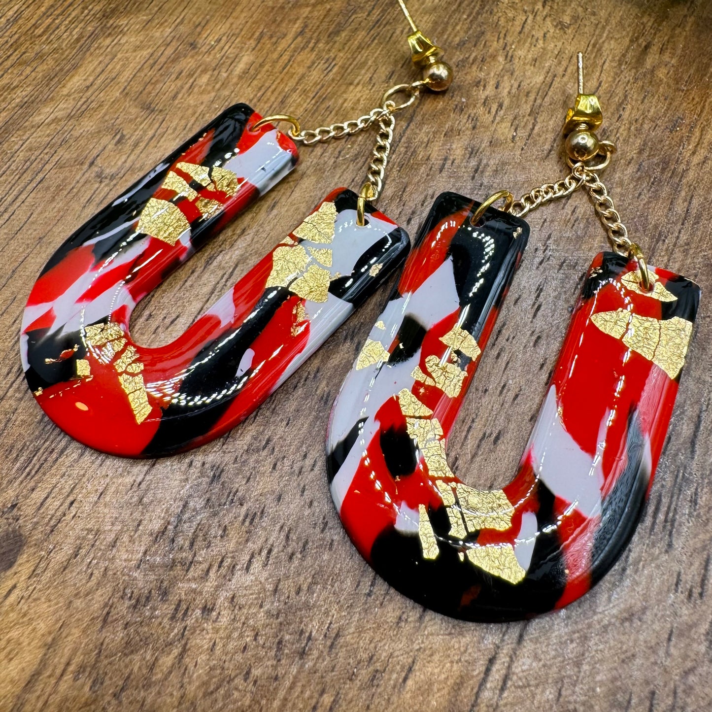 Red, Black & White “U” Dangle Post Earrings