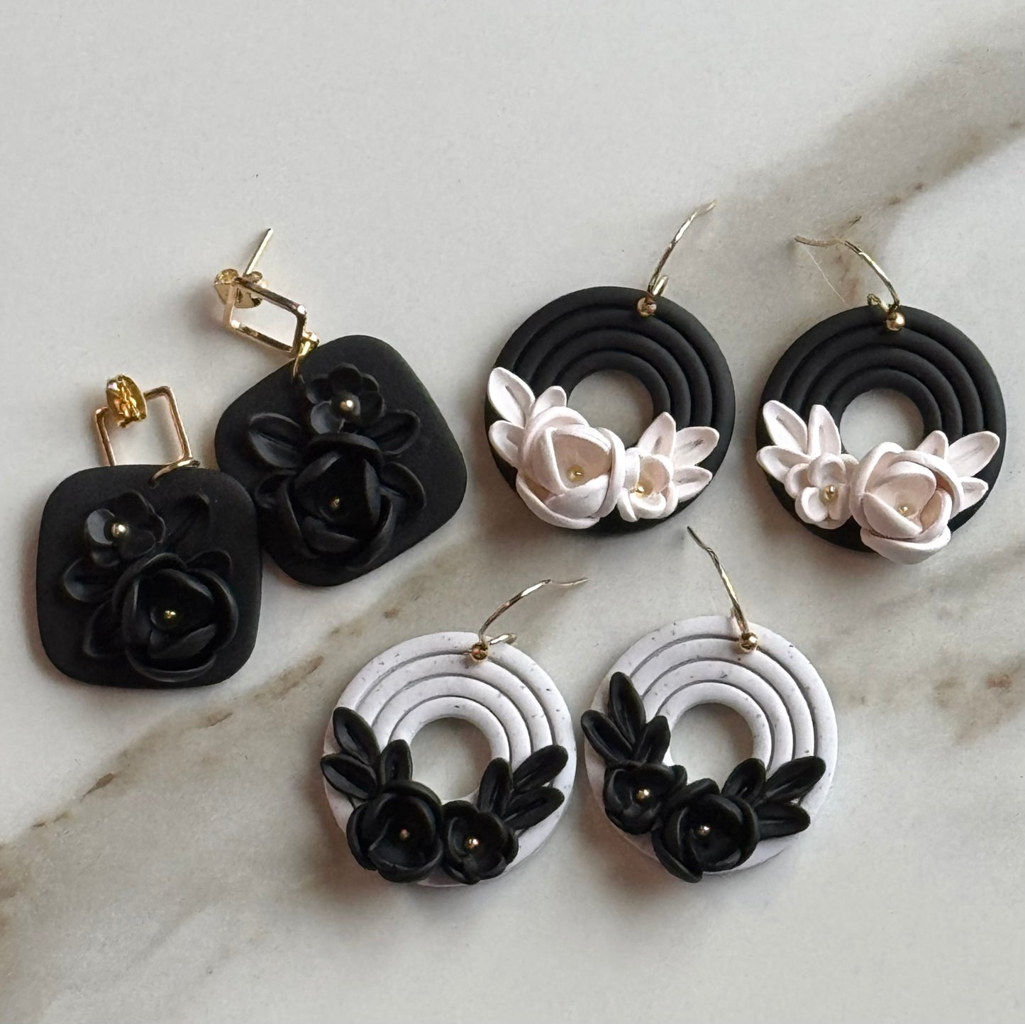 Black Monochromatic Floral Post Earrings