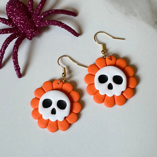 Skull Flower Fishhook Earrings Orange