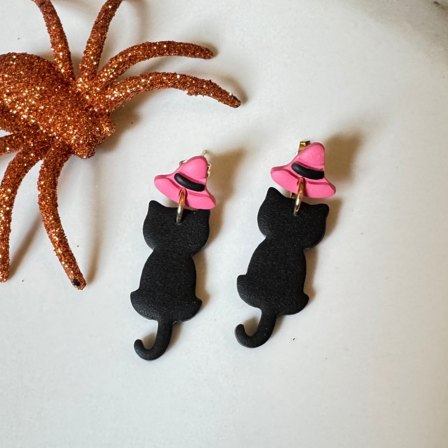 Cat in Witch Hat Dangle Post Earrings Pink