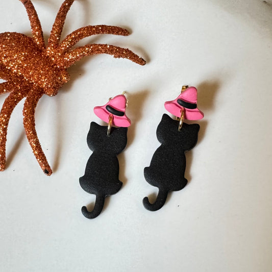 Cat in Witch Hat Dangle Post Earrings Pink