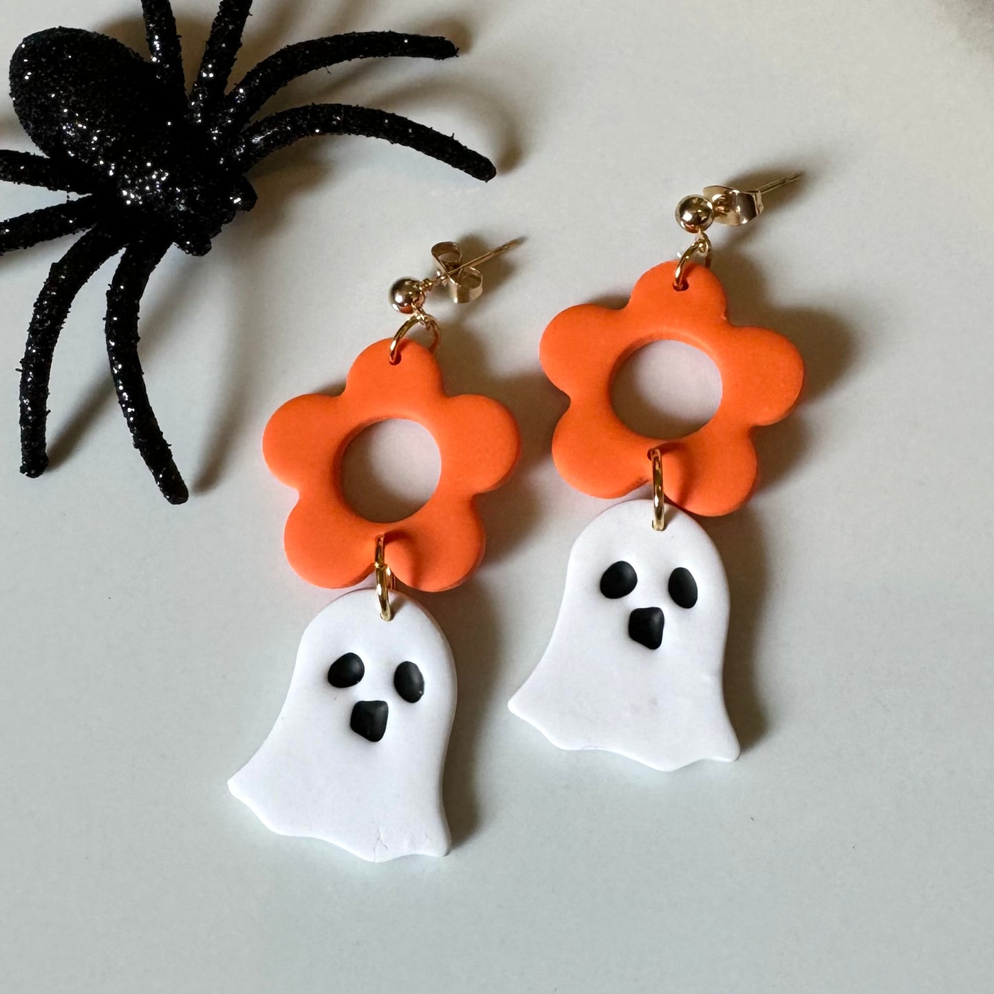 Ghost Flower Dangle Post Earrings Orange