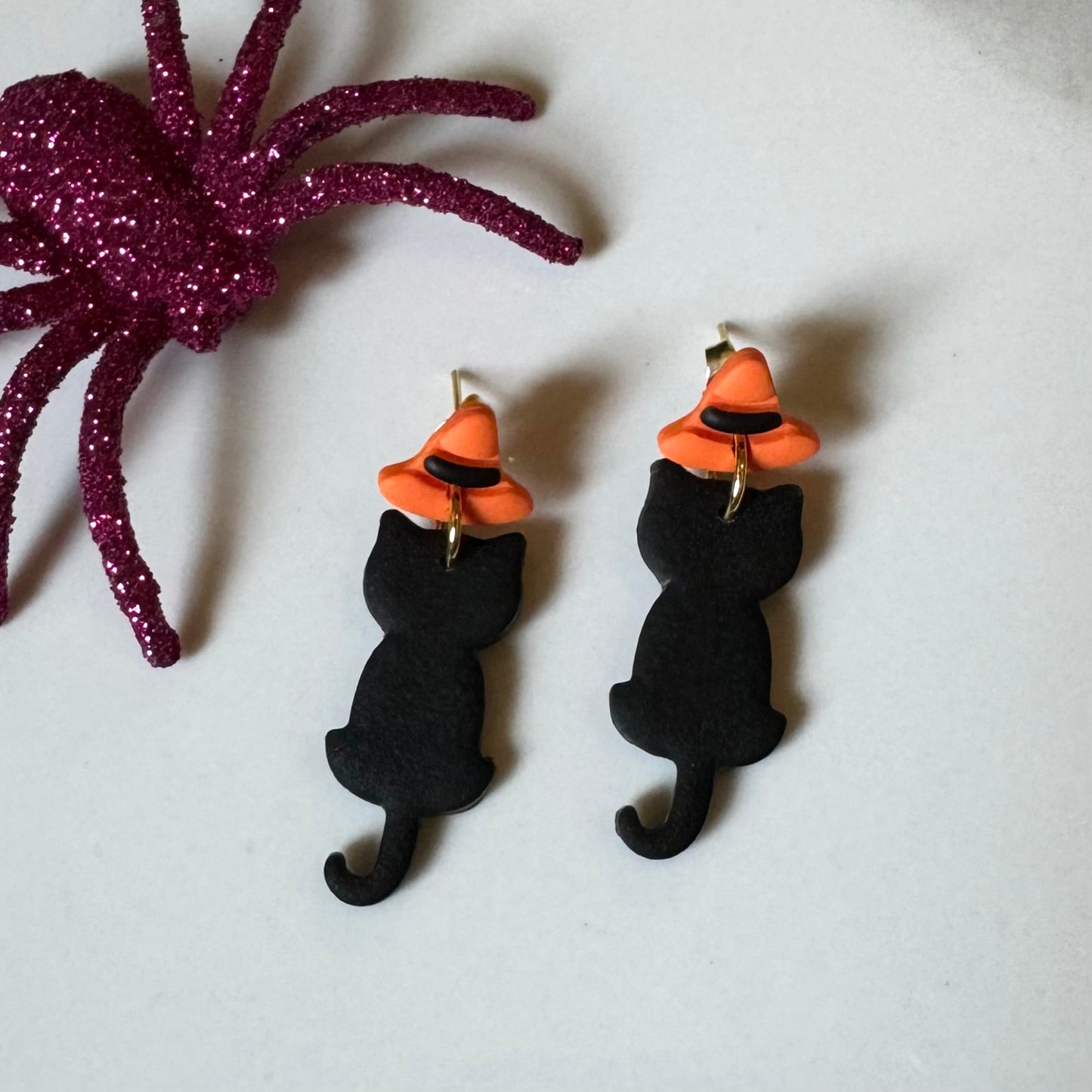 Cat in Witch Hat Dangle Post Earrings Orange