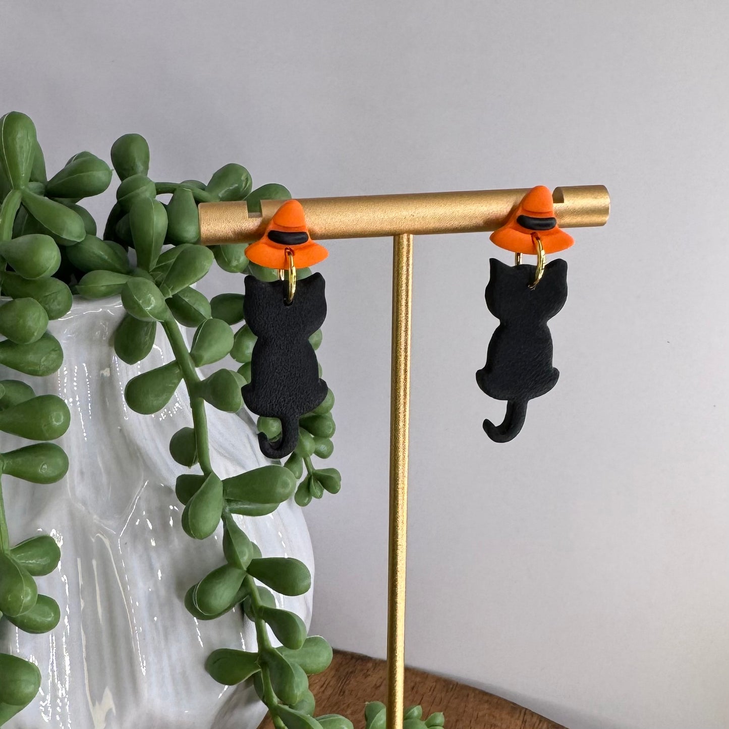 Cat in Witch Hat Dangle Post Earrings Orange