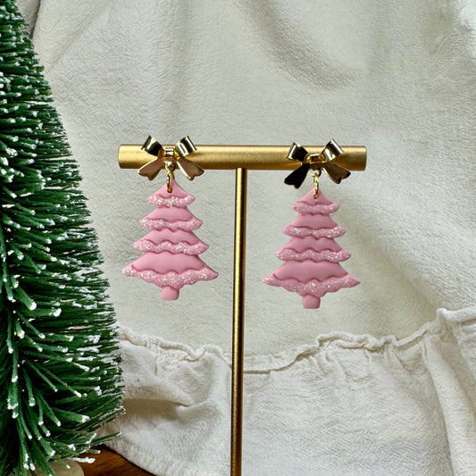 Pink Glitter Tree Post Earrings