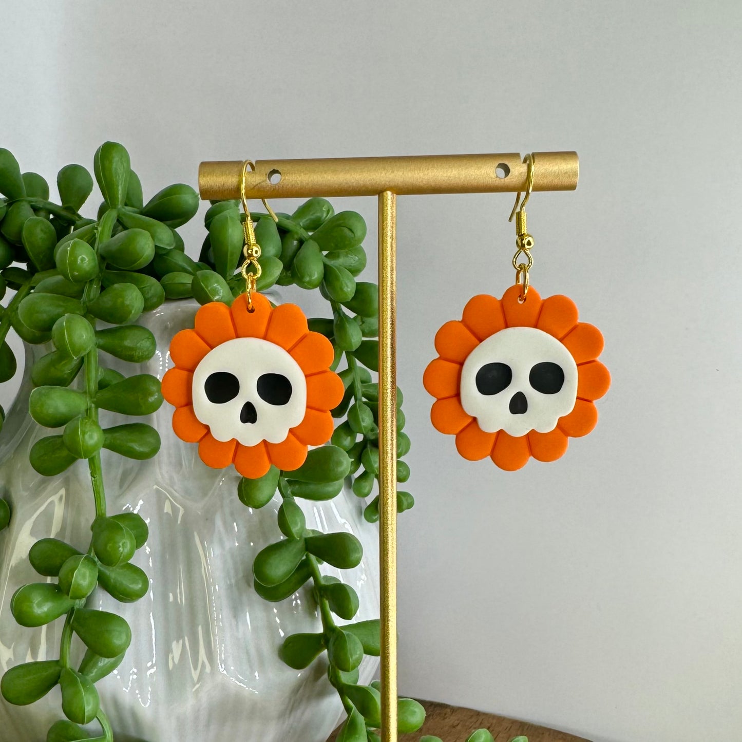 Skull Flower Fishhook Earrings Orange